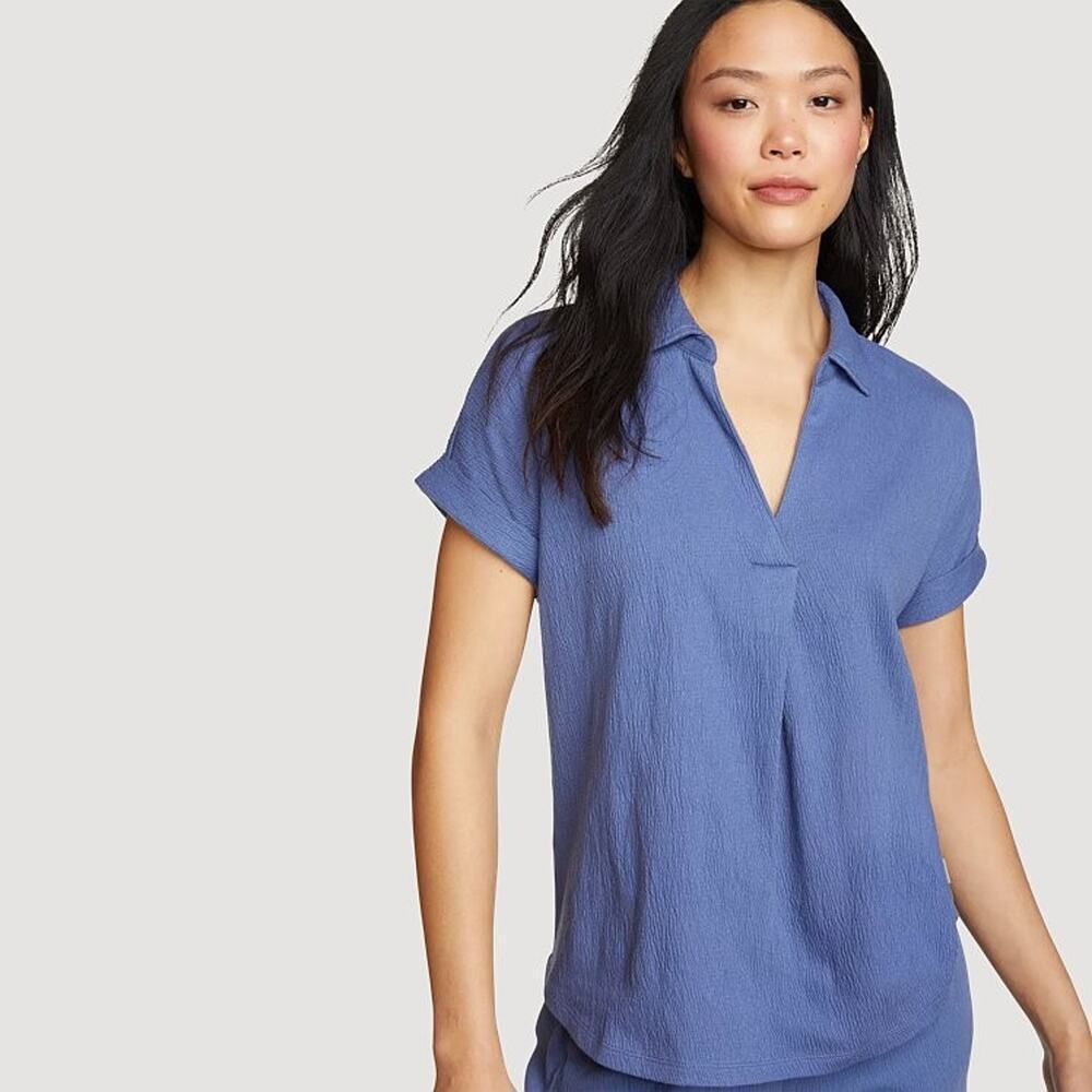 Eddie Bauer Top Women's XS Blue Thistle Textured Collared Crinkle Cotton Blend